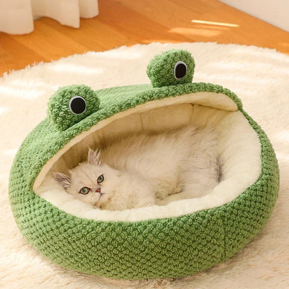 Frog Shape Pet Bed Warm Enclosed with Soft Plush Lining - Comfortable Washable Pet