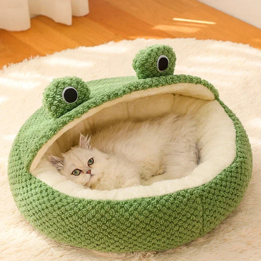 Frog Shape Pet Bed Warm Enclosed with Soft Plush Lining - Comfortable Washable Pet