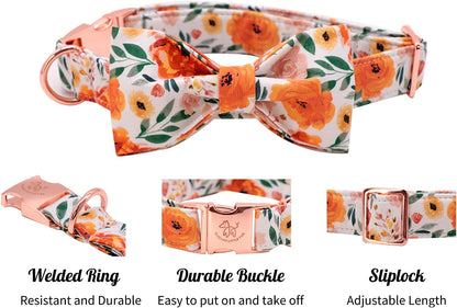 Floral Dog Collar with Bow, Comfortable Dog Bowtie, Bowtie Dog Collar Adjustable Girl Dog Collars perfect for Small Medium Large Dogs and Cats