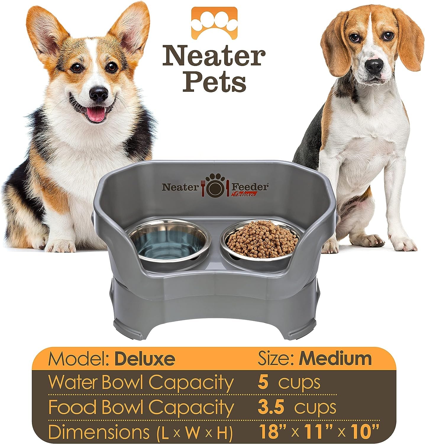 Deluxe Elevated Dog Bowls - No Spill Feeding Station for Medium Dogs (19-40 lbs) - Made in USA - Gunmetal Finish