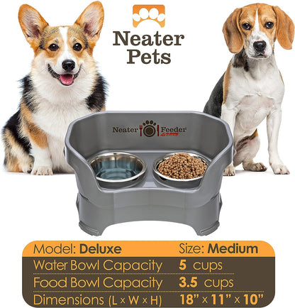 Deluxe Elevated Dog Bowls - No Spill Feeding Station for Medium Dogs (19-40 lbs) - Made in USA - Gunmetal Finish