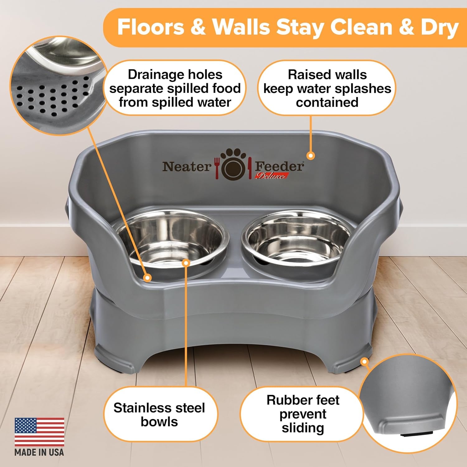 Deluxe Elevated Dog Bowls - No Spill Feeding Station for Medium Dogs (19-40 lbs) - Made in USA - Gunmetal Finish