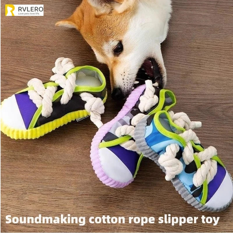 TOWOWO Dog Toys Shoes Pet Cotton Rope Slippers Sound Making Toys Teeth Cleaning Built-In BB Airbag round Ball Bell Various