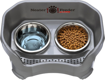 Deluxe Elevated Dog Bowls - No Spill Feeding Station for Medium Dogs (19-40 lbs) - Made in USA - Gunmetal Finish