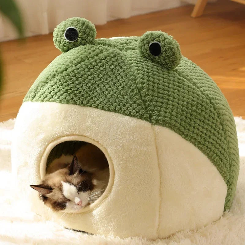 Frog Shape Pet Bed Warm Enclosed with Soft Plush Lining - Comfortable Washable Pet