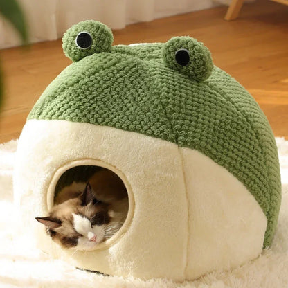 Frog Shape Pet Bed Warm Enclosed with Soft Plush Lining - Comfortable Washable Pet
