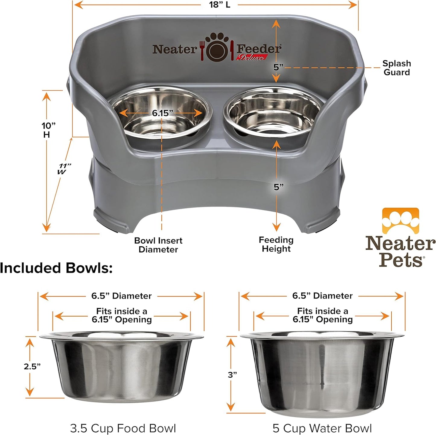Deluxe Elevated Dog Bowls - No Spill Feeding Station for Medium Dogs (19-40 lbs) - Made in USA - Gunmetal Finish