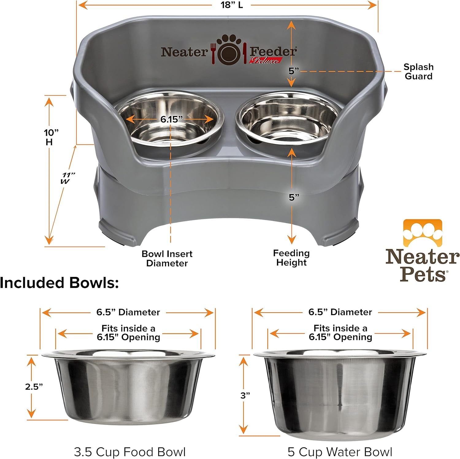 Deluxe Elevated Dog Bowls - No Spill Feeding Station for Medium Dogs (19-40 lbs) - Made in USA - Gunmetal Finish
