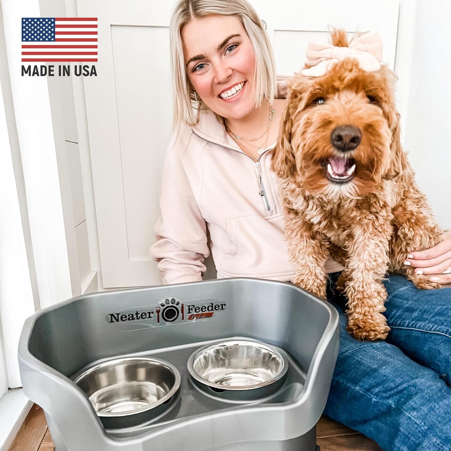 Deluxe Elevated Dog Bowls - No Spill Feeding Station for Medium Dogs (19-40 lbs) - Made in USA - Gunmetal Finish