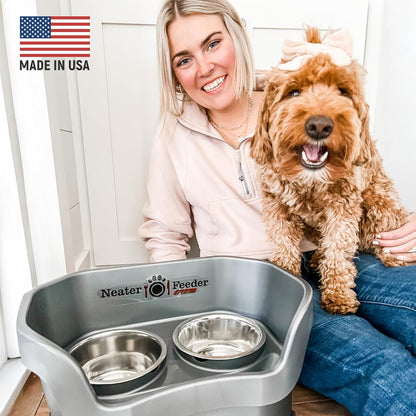 Deluxe Elevated Dog Bowls - No Spill Feeding Station for Medium Dogs (19-40 lbs) - Made in USA - Gunmetal Finish
