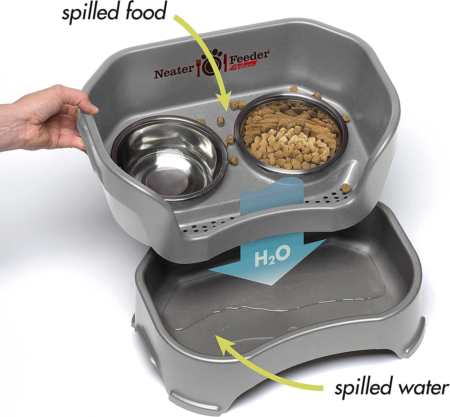 Deluxe Elevated Dog Bowls - No Spill Feeding Station for Medium Dogs (19-40 lbs) - Made in USA - Gunmetal Finish