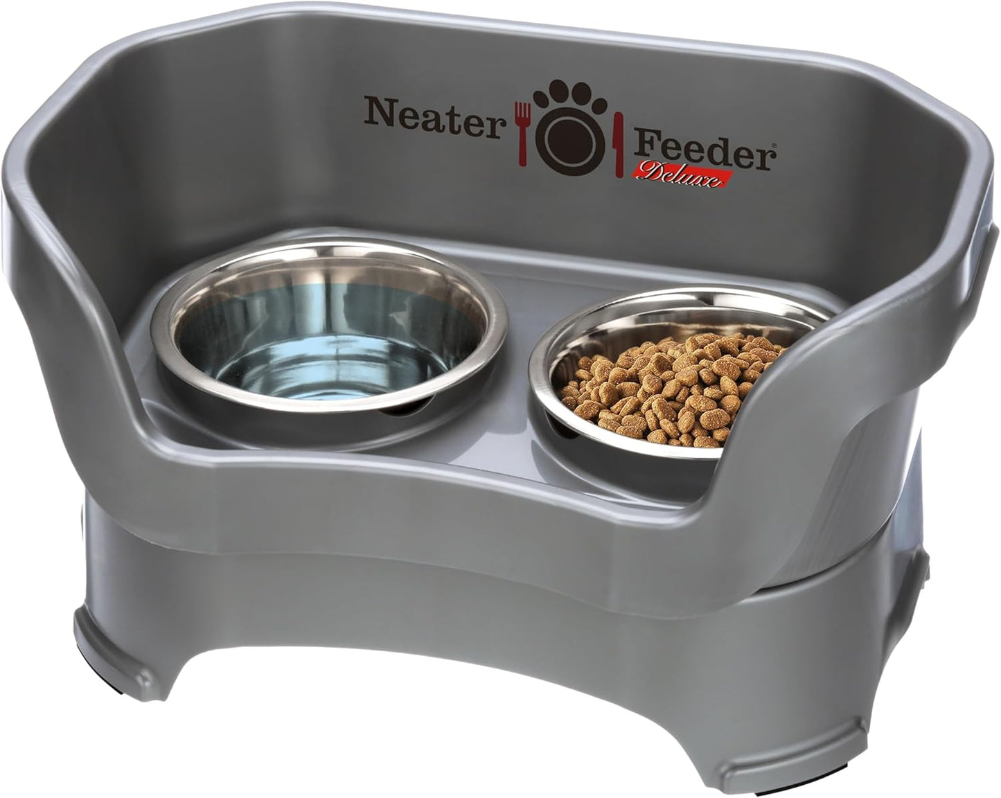 Deluxe Elevated Dog Bowls - No Spill Feeding Station for Medium Dogs (19-40 lbs) - Made in USA - Gunmetal Finish